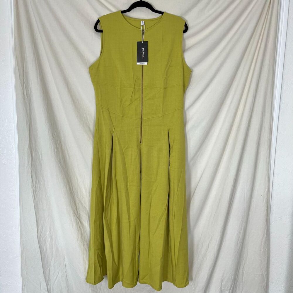 NWT Uoozee A-Line Loose Pleated Front-Zipper Maxi Dress in chartreuse green XL